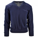 Navy blue Dutch army sweater with V-neck, reinforced shoulders and elbows, designed for durability and style.