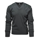 Dark green genuine Dutch army V-neck commando jumper pullover with shoulder patches, military style sweater