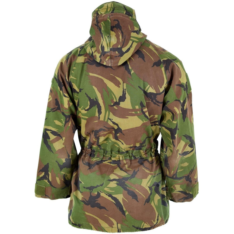 Back view of genuine Dutch Army waterproof bi-laminated combat parka in DPM camouflage with adjustable waist and hood