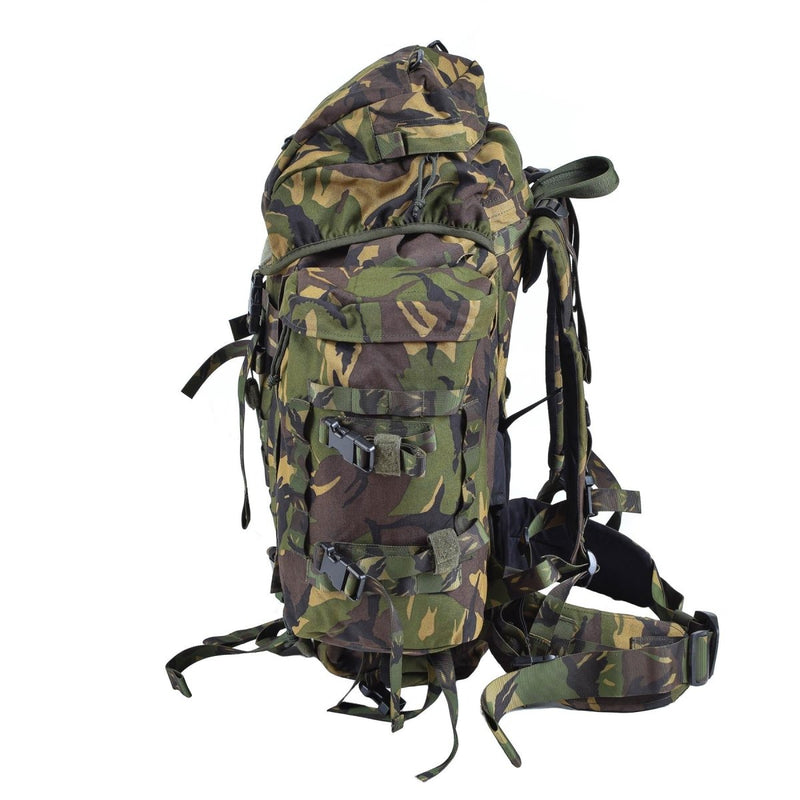 Genuine Dutch Military 60L DPM camouflage backpack with padded straps and multiple compartments for tactical use.