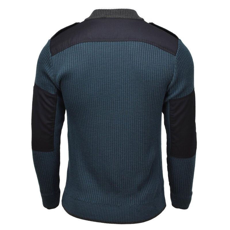 Back view of genuine Dutch military blue rib knit cold weather pullover sweater with reinforced shoulders and elbows