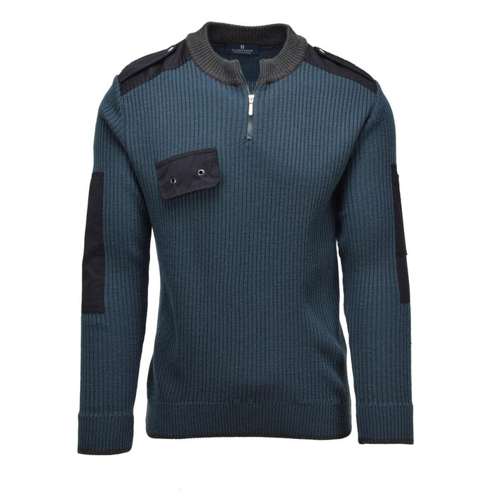 Jersey azul de punto de canalé militar holandés genuino con cremallera de un cuarto y codos reforzados para climas fríos.