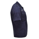 Side view of solid blue Dutch military short-sleeve buttoned shirt with chest pocket and shoulder epaulets