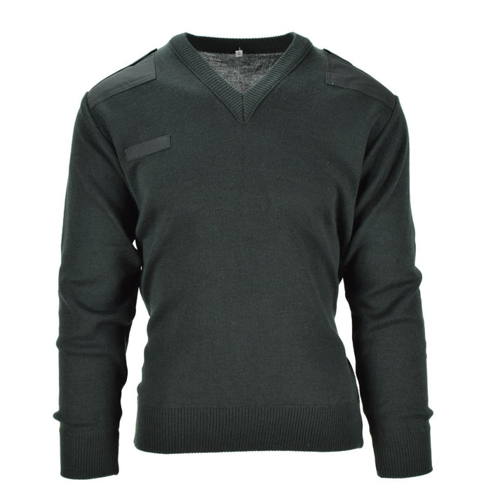 Jersey comando del ejército holandés de color verde oscuro con cuello en V y parches reforzados en hombros y codos.