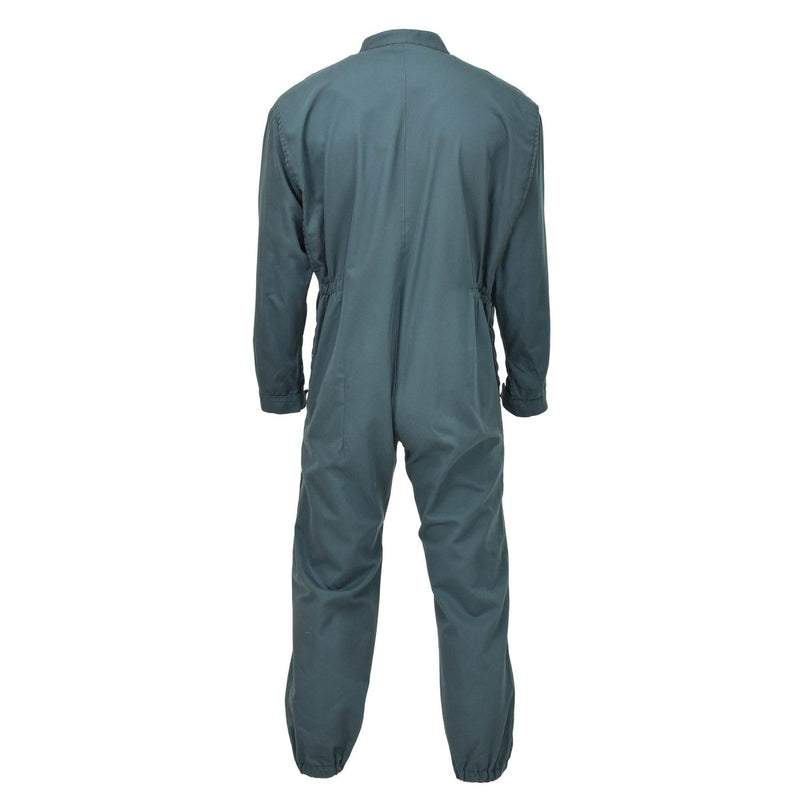 Back view of genuine French air force olive green mechanic coverall with double zip and elastic cuffs.