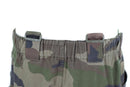 Close-up of genuine French army combat pants in CCE camouflage with durable ripstop fabric and adjustable waist straps.