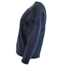 Side view of a genuine French army blue commando jumper with round neck and hook and loop attachments.