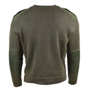 Back view of genuine French army olive commando jumper with reinforced elbows and shoulders, wool blend material.
