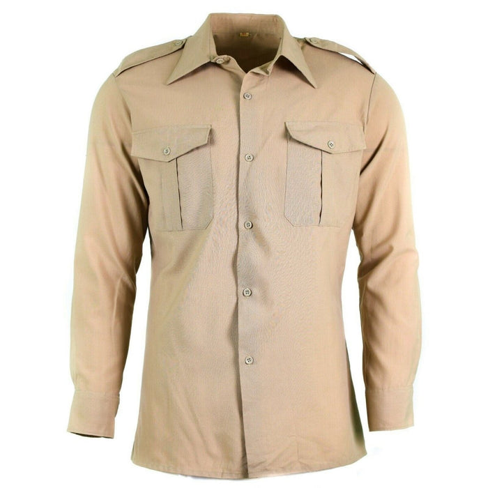 Camisa de fatiga genuina del ejército francés beige con bolsillos en el pecho y charreteras, diseño militar duradero de polilana, nueva condición.