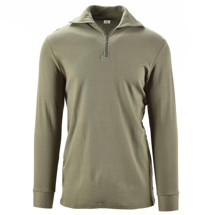 Camiseta interior térmica auténtica de F1 del ejército francés en color verde oliva con cremallera frontal, mangas largas y tejido ligero para uso en exteriores.