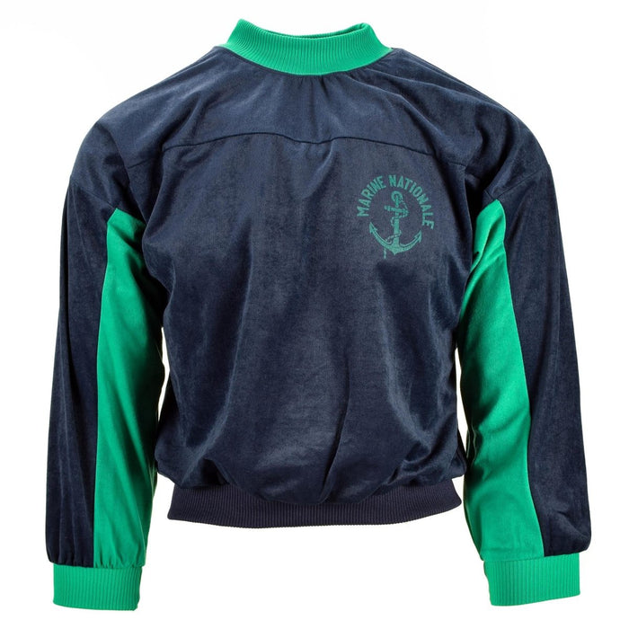 Jersey deportivo genuino de cuello alto verde marino del ejército francés con emblema de la Marine Nationale, tejido de mezcla de algodón, suéter de estilo vintage.