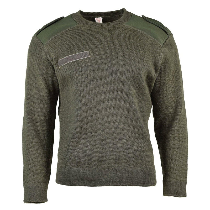 Olive green genuine French army sweater with reinforced shoulders and elbows, round neck, durable military pullover.