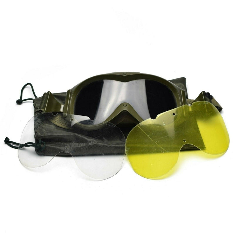 Genuine French army tanker goggles with clear, smoke, and amber lenses and adjustable camouflage elastic strap.