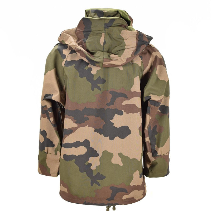 Back view of genuine French army waterproof trilaminate camo jacket with hooded rain parka design