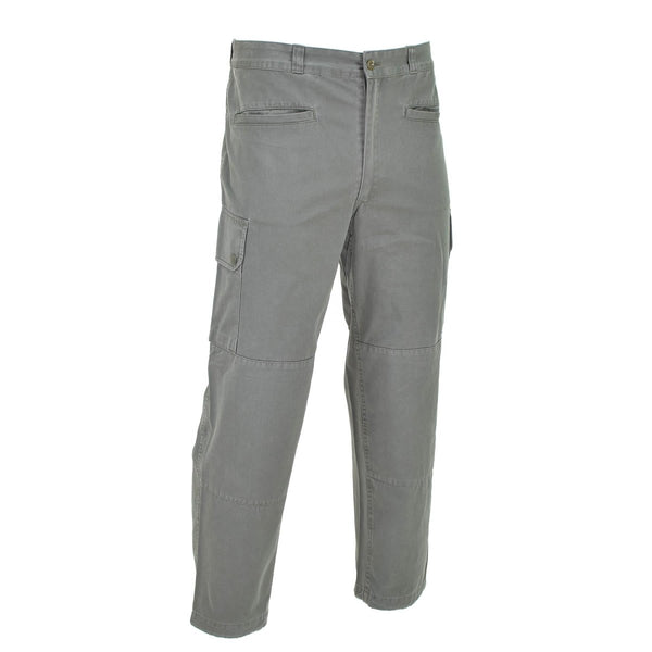 Gray genuine French military air forces cargo pants with reinforced knees and flat front design for durability and comfort.