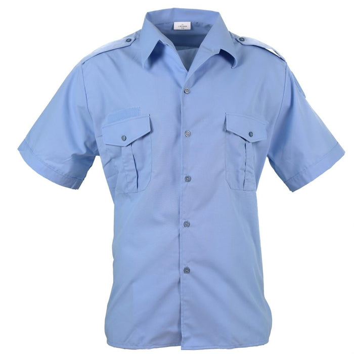 Camisa de algodón de manga corta azul genuina de la Policía Militar Francesa con bolsillos en el pecho y charreteras, nueva condición