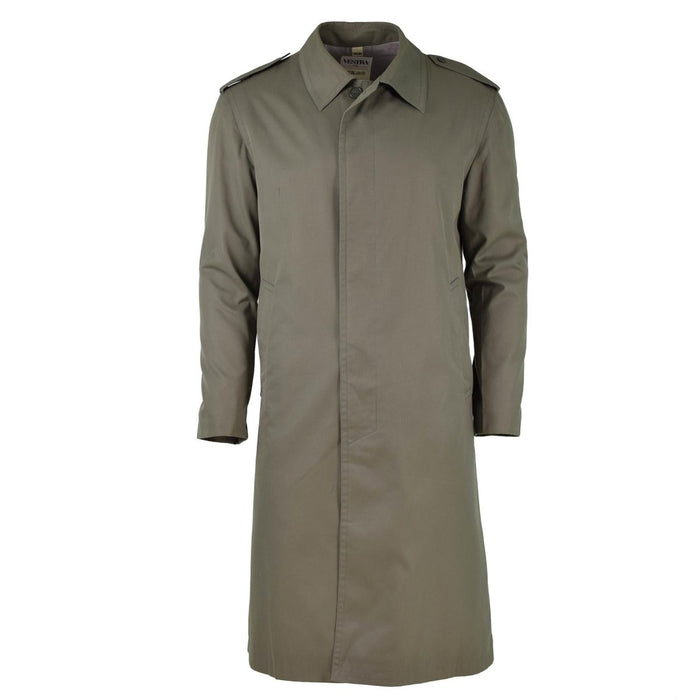 Gabardina impermeable militar francesa verde oliva vintage con cierre frontal de longitud completa y solapa de tormenta