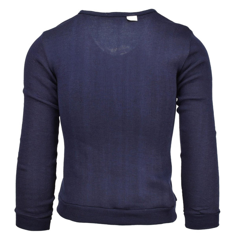 Back view of Genuine French Military School blue jersey sweatshirt with long sleeves and V-neck design.