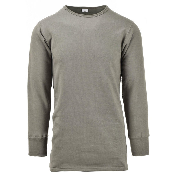 Camiseta interior de felpa térmica militar francesa auténtica de color verde oliva con mangas largas y puños elásticos para calidez en invierno.