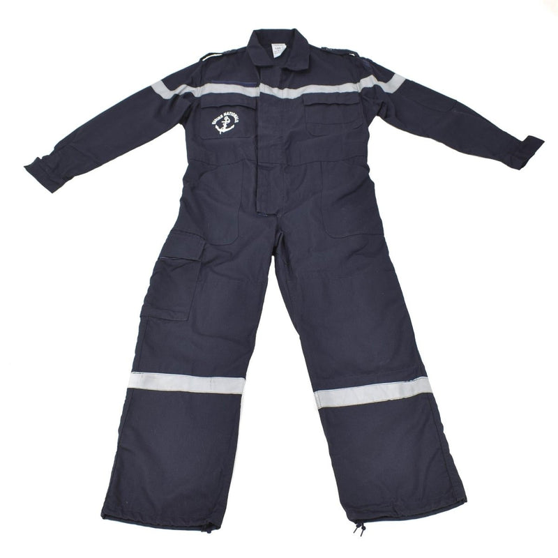 Dark blue thermostable French navy marine jumpsuit with reflective bands and front zipper closure laid flat.