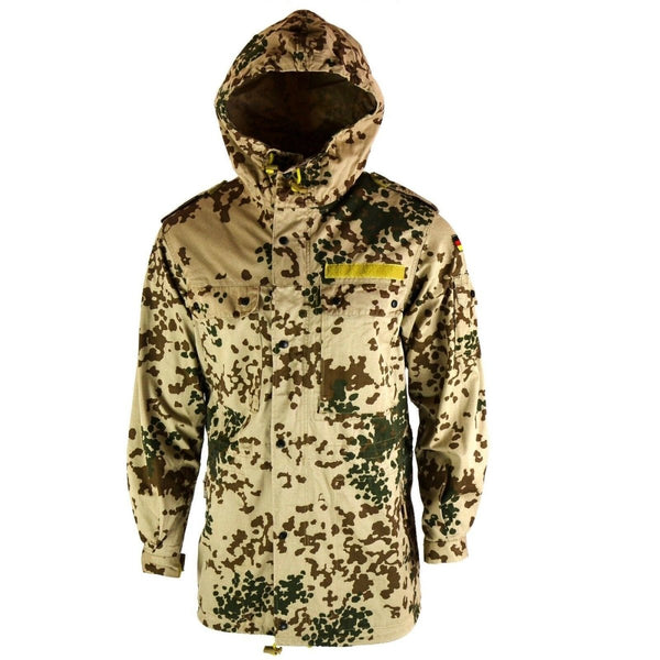 German army field jacket parka with desert flecktarn camouflage, hooded design, and multiple pockets for utility.