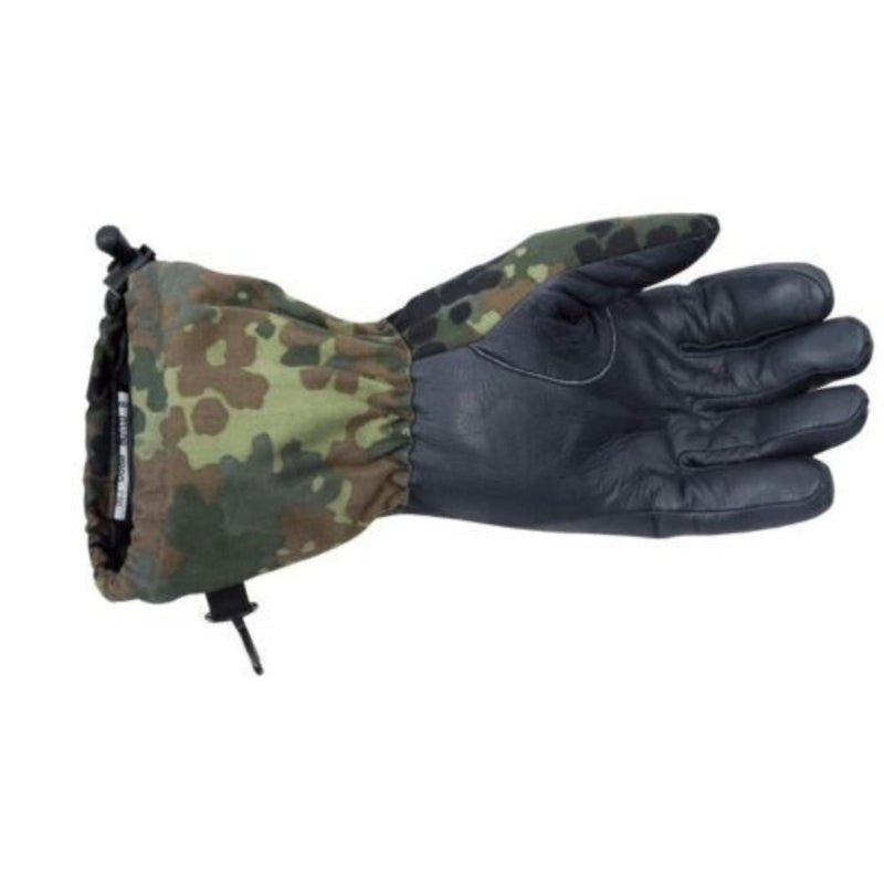 German army flecktarn camo winter gloves with leather palm and reinforced knuckles for durability and grip in cold conditions