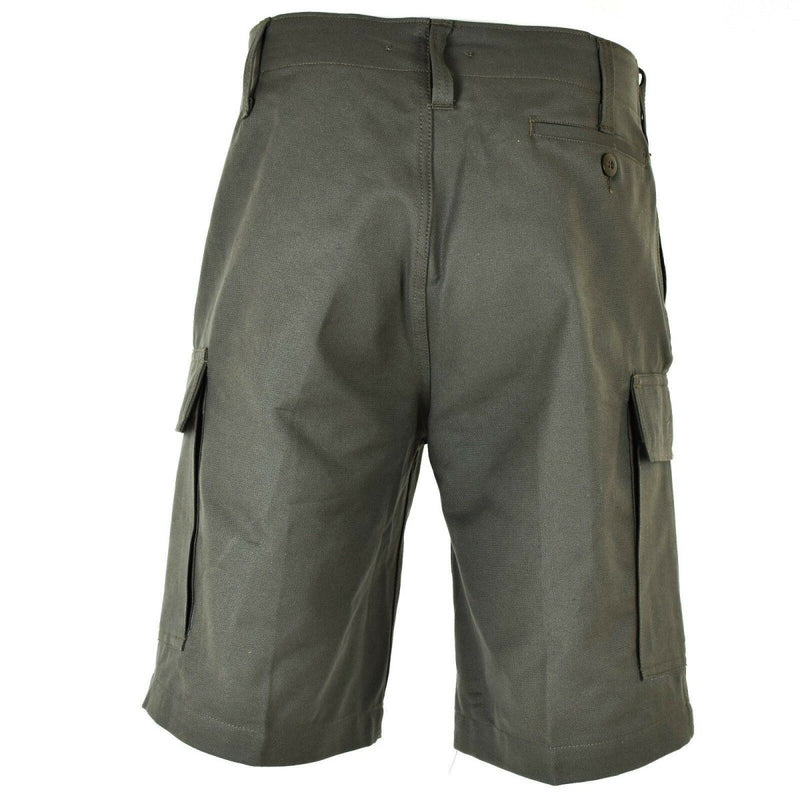 Back view of genuine German army moleskin cargo shorts in durable olive cotton with multiple pockets and belt loops.