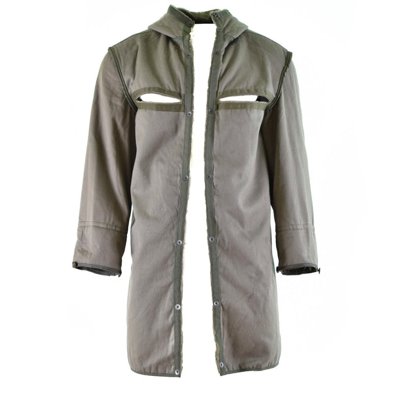 Open genuine German army parka liner with winter lining and snap button closures displayed on white background.