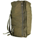 Large olive green genuine German army sea sack duffel bag with shoulder straps and front zipper closure.