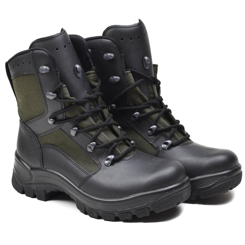 Pair of genuine German military leather and textile combat boots with fast lacing and slip-resistant soles.