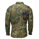 Back view of a genuine German military women's field shirt in Flecktarn camouflage pattern with long sleeves.