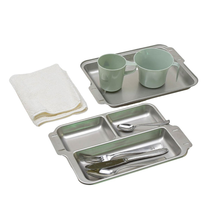 Juego completo de utensilios de camping militar alemán con bandejas de acero inoxidable, vasos de plástico, cubiertos y toalla de tela de algodón.