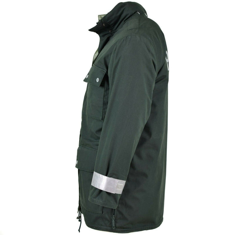 Side view of genuine German police GoreTex waterproof green BGS parka jacket with reflective cuff band and buttoned pockets