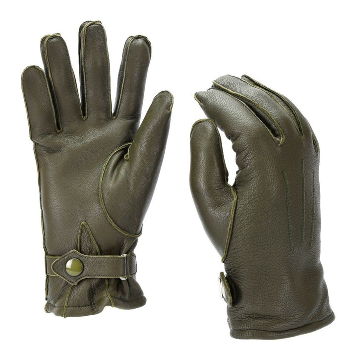 Guantes de piel auténtica de la policía alemana en color oliva con forro de lana y correa ajustable para calidez y durabilidad en invierno.