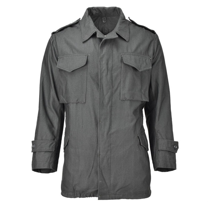 Chaqueta militar genuina del ejército griego M65 gris sin forro con puños abotonados, charreteras y múltiples bolsillos para uso rudo.