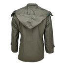 Back view of Genuine Greek military M65 olive field jacket with detachable hood and button details.