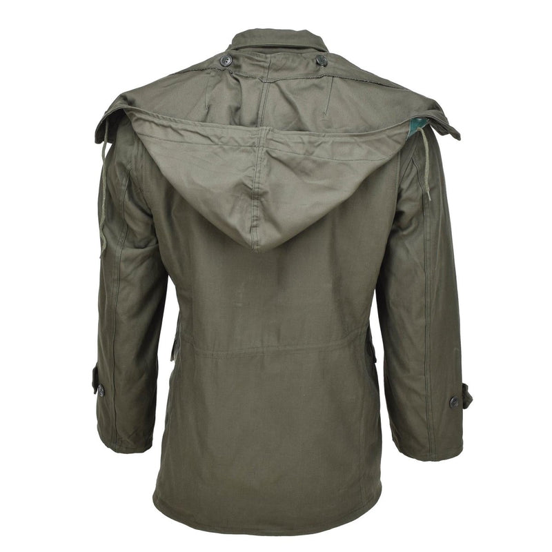Back view of Genuine Greek military M65 olive field jacket with detachable hood and button details.
