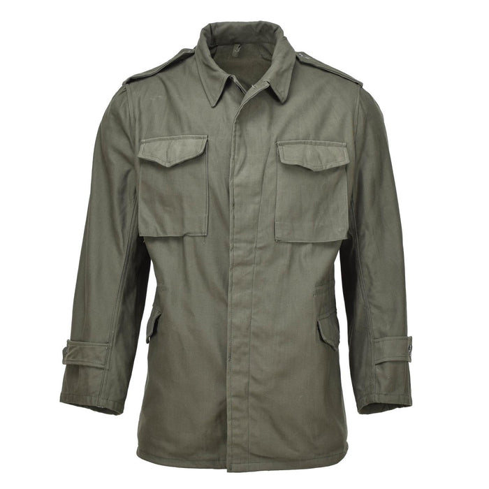 Auténtica chaqueta de campo militar griega M65 en color oliva, duradera con múltiples bolsillos y cuello alto, estilo clásico excedente del ejército.