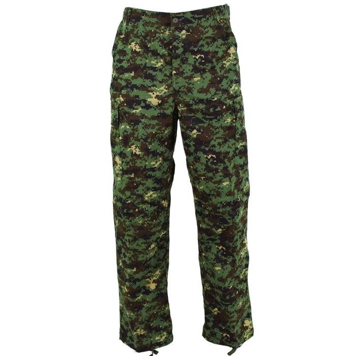 Pantalones militares auténticos de camuflaje de la jungla ripstop de Guinea Bissau con cintura ajustable, rodillas reforzadas y mezcla duradera de polialgodón.