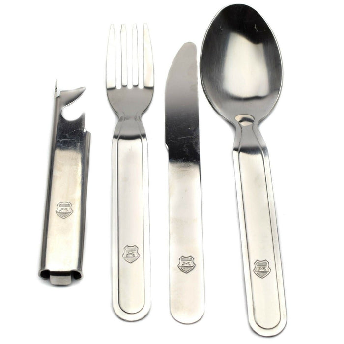 Juego de cubiertos militares húngaros de acero inoxidable de 4 piezas con tenedor, cuchillo, cuchara y abrelatas, con insignias militares.