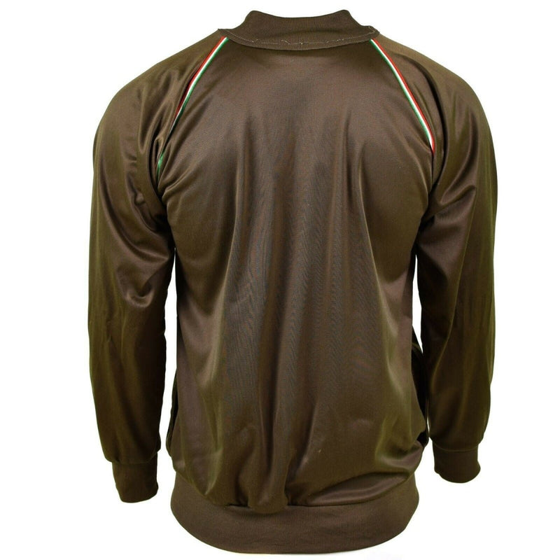 Brown Italian Army training tracksuit jacket with elastic cuffs and tricolor stripe detail on shoulders back view