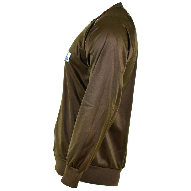 Side view of a brown Italian army training tracksuit top jacket with elasticated cuffs and vintage style