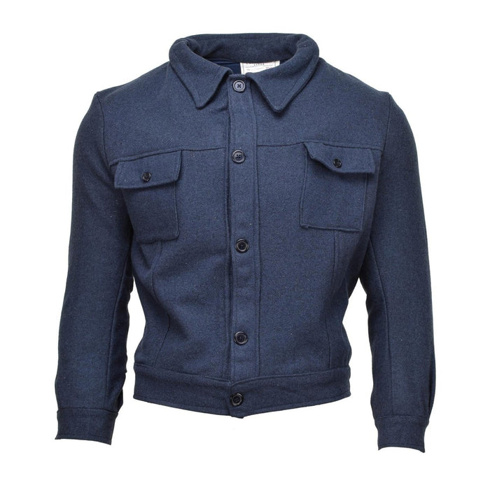 Chaqueta vintage genuina de gabardina de lana militar italiana en color azul con cierre de botones y bolsillos en el pecho, diseño resistente y duradero.
