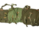 Three genuine Romanian army olive canvas bread bags with straps and buckles, military surplus haversacks laid out side by side.
