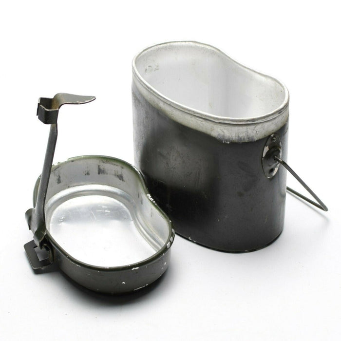 Comedor de aluminio original del ejército rumano con asas plegables, ideal para acampar y usar al aire libre.