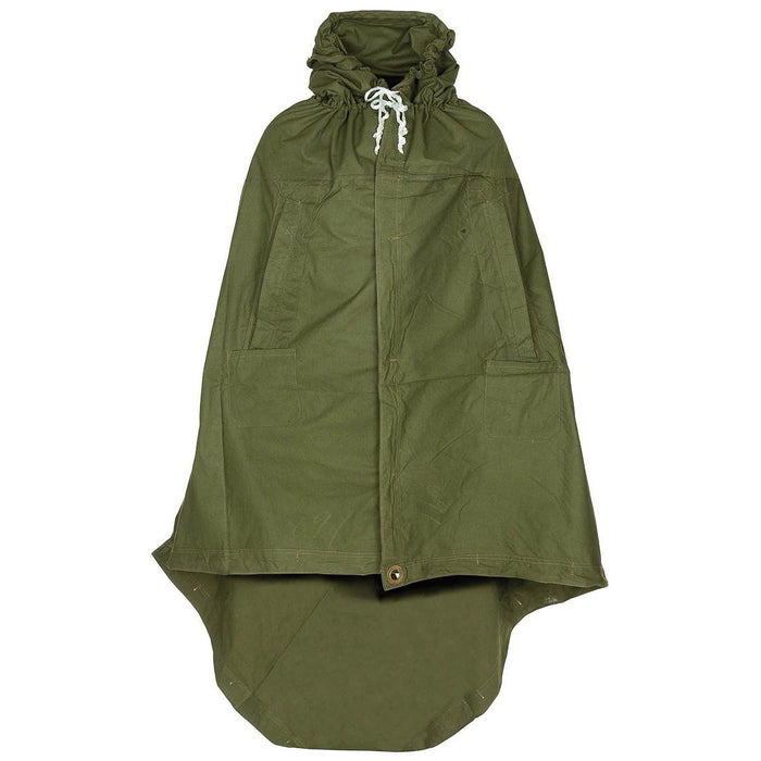 Poncho de lona impermeable genuino del ejército rumano color oliva con capucha y cierres de botones para protección contra la lluvia y uso como refugio.