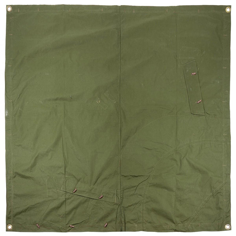 Olive green genuine Romanian army waterproof tarpaulin tent poncho measuring 180x180cm with button and keyhole details