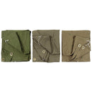 Three folded genuine Romanian Army waterproof tarpaulin tents in olive and brown shades with grommets and button details