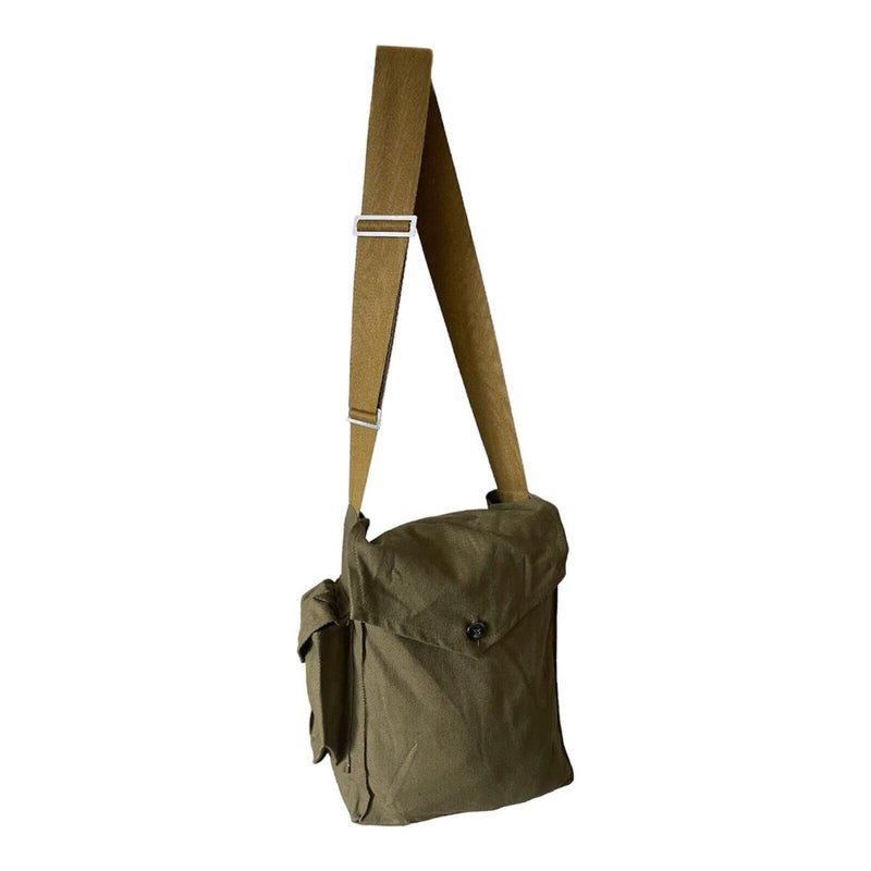 Genuine Soviet Russian Army surplus canvas shoulder bag for GP-5 gas mask with adjustable strap and multiple compartments.