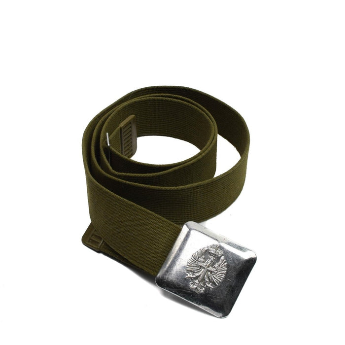 Cinturón vintage del ejército español confeccionado en lona con hebilla metálica y detallado diseño de emblema militar.